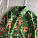 Wiaofellas  -  New Summer Graffiti Cartoon Cat INS Retro Short Sleeve Floral Shirt Hawaiian Beach Coast Outerwear Breathable Polyester Casual