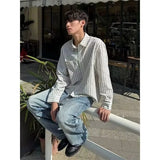 Wiaofellas  -  Trendy Long Sleeve Bubble Cloth High Intelligence Sensation Stripe American Style Spring Autumn Shirt Coat Men Women Model