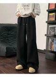 WIAOFELLAS  -  Koreann Style Men Sweatpants Casual Solid Color Drawstring Straight Fleece Bottom Elastic Waist Wide Leg Male Pants