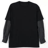 WIAOFELLAS  -  Japanese Korean Casual Sweatshirts Men Straight Base Shirt Splicing Striped Sleeves Fake Two-piece Solid Color Pullover T-shirt