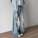 WIAOFELLAS  -  Summer Men's Denim Pants Washing Holes Design Gradient Color Worn-out Bottom Loose Male Wide Leg Jeans Fashion