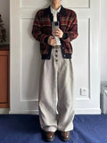 WIAOFELLAS  -  Men's Retro American Plaid A-Line Wide Leg Pants Buttoned Design Casual Trousers Autumn Season CleanFit Long Pants