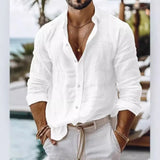 Wiaofellas  -  Men's Spring And Summer Cotton Linen Shirts New Men's Solid Color  Long Sleeve Shirt Loose Lapel Casual Beach Style Shirt