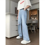 WIAOFELLAS  -  Spring Autumn Vintage Asymmetrical Waist Hole Straight Jeans Mens Loose Denim Pants Casual Wide Leg Pants Streetwear Jeans