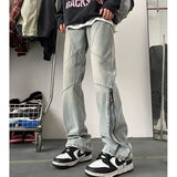 WIAOFELLAS  -  New American Retro Zipper Jeans Men's Washed Straight Leg Micro Flared Pants High Street Vibe Trendy Brand