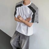 WIAOFELLAS  -  Trendy Men's Spliced Sequins Shoulder Pads Loose T-shirts Fashion Summer Contrast Color O-neck Casual Tops Male