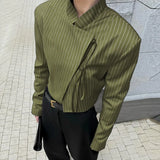 WIAOFELLAS  -  Men Striped Blazer Stand Collar Long Sleeve Lace Up Casual Thin Crop Coats Men Streetwear Fashion Male Suit S-3XL