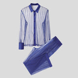 Wiaofellas  -  Men's Sets Mesh Patchwork Striped See Through Long Sleeve Shirt Pants Two Piece Sets Sexy Fashion Men Matching Sets
