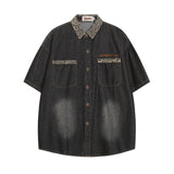 WIAOFELLAS  -  Loose Bf American College Style Short Sleeve Leopard Print Splicing Denim Shirt Summer New Arrival for Men And Women