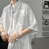 Wiaofellas  -  Men's Short Sleeve Shirt Rivet Design Blouses Casual Solid Streetwear Shirts Summer Pleated Button Y2K Tops