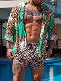 Wiaofellas  -  Fashion Leopard Print Two Piece Set Men Beach Style Sexy Buttoned Lapel Shirt And Shorts Outfit Suits Casual Loose Mens Clothes