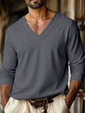 Wiaofellas  -  Autumn New Men's Plaid Pattern Jacquard Fabric V-neck Casual Sports Off-shoulder Sleeve Long-sleeved T-shirt