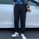 Wiaofellas  -  Trendy Ice Silk Cuffed Trousers Men's Summer Casual Loose Fit Sporty Straight Leg Pants Harajuku Style mid Waist Pocket Detail