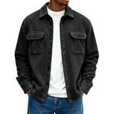 Wiaofellas  -  Men Fleece Shacket Jacket Autumn Winter Lapel Collar Coat Pockets Button Up Casual Loose Overshirt For Daily Streetwear