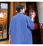 WIAOFELLAS  -  Trendy Men's Plaid Spliced Pocket Short Sleeve Loose Shirts Fashion Summer Lapel Single-breasted Blouses Male