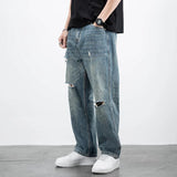 Wiaofellas  -  Men's Jeans Broken Straight Trousers Ripped with Holes Loose Torn Wide Leg Male Cowboy Pants Baggy  Korean Autumn New in Xs