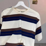 Wiaofellas  -  Japanese Striped Short-sleeved T-shirt Men's Summer Retro Loose Casual Five-point Half-sleeved Shirt