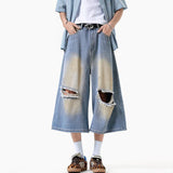 WIAOFELLAS  -  Summer Men's Jeans Contrast Color New Hole Dirty Dying New Washing Worn-out Wide Leg Loose Male Denim Shorts Tide