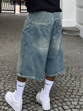 WIAOFELLAS  -  Men Copped Streetwear Retro Jeans Mid Waist Rompers Jumpsuits Knee Length Denim Casual Solid Washing