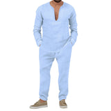 WIAOFELLAS  -  Spring Autumn Mens Suit Fashion Solid Color Casual T-Shirt Long Sleeve Cotton Linen V-Neck Shirt Long Pants Two-Piece Set