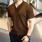 Wiaofellas  -  Summer New Men's Solid Color Knitted Sweater Short-Sleeved T-Shirt Retro Fashion Trend Casual Simple Loose Breathable Men's Tops