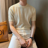 WIAOFELLAS  -  Men's Solid Color Knitted Hollow Short-Sleeved T-Shirt Fashionable Retro Casual Trend Loose Daily Breathable Summer Men's Tops