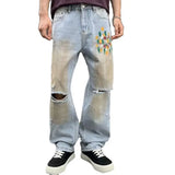 WIAOFELLAS  -  Washed Vintage Printed Men's Jeans Washed Street Personalised Trendy Dirty Loose Straight broken holes Wide Leg Men's Pants