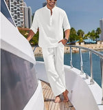 Wiaofellas  -  Men's Cotton and Linen Shirt Long Pants Two-piece Set Fashionable Henry Collar Long Sleeved Shirt Casual Vacation Beach Pants