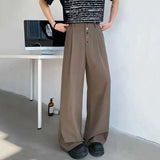 WIAOFELLAS  -  American Style Loose Suit Trousers Men's Chic Button Solid Color Casual Pleated Design Straight Leg Menswear Bottom