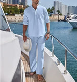 Wiaofellas  -  Men's Cotton and Linen Shirt Long Pants Two-piece Set Fashionable Henry Collar Long Sleeved Shirt Casual Vacation Beach Pants