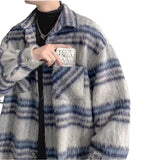 Wiaofellas Men's Fashion Woolen Plaid Shirt Jacket Autumn And Winter Ins Trend Loose Lapel Long-sleeved Button Shirt Vintage Shirt