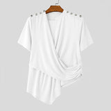Wiaofellas  -  Men's Irregular T Shirt Solid Color Short Sleeve Button Male Tee Tops Summer Streetwear Knitted Fashion Men Clothes