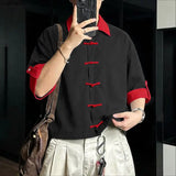 Wiaofellas  -  Men's Shirt Patchwork Lapel Half Sleeve Button Men Clothes Vintage Summer Streetwear Casual Tops Shirts For Man