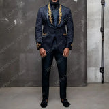 Wiaofellas  -  Black Jacquard Men Suits Two Piece (Blazer+Trousers) Luxury Golden Embroidery Shawl Lapel Suit Slim Party Wedding Groom Tuxedo