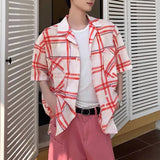 WIAOFELLAS  -  2025 Men Plaid Shirt Lapel Short Sleeve Oversize Casual Men Clothing Streetwear Pockets Korean Fashion Male Shirts S-5XL