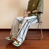WIAOFELLAS  -  Summer Stripe Quick Drying Casual Pants Men Solid Patchwork Embroidery Elastic Waist Drawstring Pocket Loose Straight Trousers