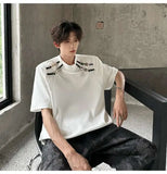 WIAOFELLAS  -  Stylish Men's T-shirts Metal Buckle Patchwork Round Collar Solid Color Niche Tops Short Sleeved Loose Male Tees