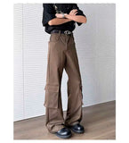 WIAOFELLAS  -  Simple Men's Casual Trousers Solid Color Multi Pockets Zipper Splicing Straight New Wide Leg Male Pants Summer 24K3872