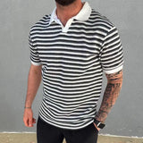 WIAOFELLAS  -  Men's Summer Knit Polo Shirt Vintage Striped Print Knitted Tees Shirt Fashion Casual Lapel Short Sleeve Tops Male Clothing