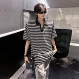 WIAOFELLAS  -  Trendy Men's Striped Contrast Color Shoulder Pads Loose T-shirts Fashion Casual Short Sleeves Lapel Tops Male Summer