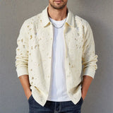 Wiaofellas  -  American Hollow Out Crochet Men Cardigan Tops Fashion Floral Knitted Long Sleeve Shirt Autumn Chic Premium Quality Blouse M-3XL