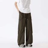 WIAOFELLAS  -  Simple Men's Cargo Pants Zipper Patchwork Elastic Waist Wide Leg Bottom Straight Drawstring Loose Male Trousers 24K4252