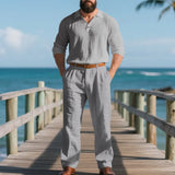 WIAOFELLAS  -  Autumn Winter Warm Men's Linen Blended Leisure Sports Set Long Sleeve Long Pants Comfortable Fashionable Sports Home Clothing