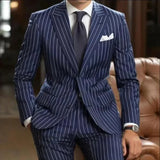 Wiaofellas  -  Striped Men Suits Formal Navy Blue Wedding Business Tuxedo Single Breasted Groom Outfits Pinstriped Suit (Blazer+Pants)
