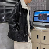 WIAOFELLAS  -  Black Leather Jacket Men Winter Vintage Stand Collar Lamb Wool Cotton Coat Male Korean Loose Zipper Pocket Thick Outerwear