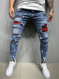Wiaofellas  -  Skinny Ripped Jeans Men  Fashion Grid Beggar Patches Slim Stretch Casual Denim Pencil Pants Painting Jogging Trousers Men