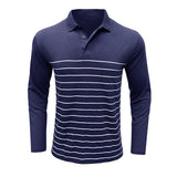 Wiaofellas  -  Men Striped Print Lapel Collar Long Sleeve Polo Shirt Autumn Winter Casual Daily Top