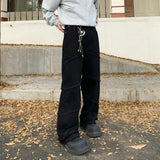 WIAOFELLAS  -  New trendy spliced loose straight leg black washed denim jeans