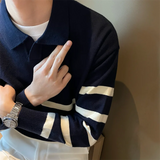 Wiaofellas  -  Autumn Simple Lapel Striped Sweater For Men Casual Vintage Korean Fashion Knitwear Top New Y2K Loose Knitted Pullover Jumper