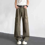 WIAOFELLAS  -  Men's Cargo Trousers Solid Color High Street Side Big Pockets Casual Wide Leg Casual Bottom Straight Baggy Menswear